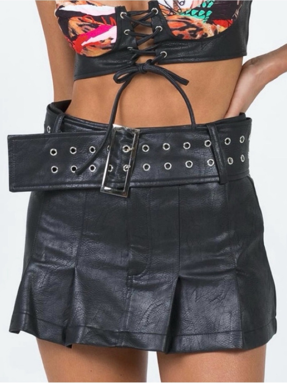 Princess Polly Black Faux Leather Pleated Mini Skirt with Grommet Belt